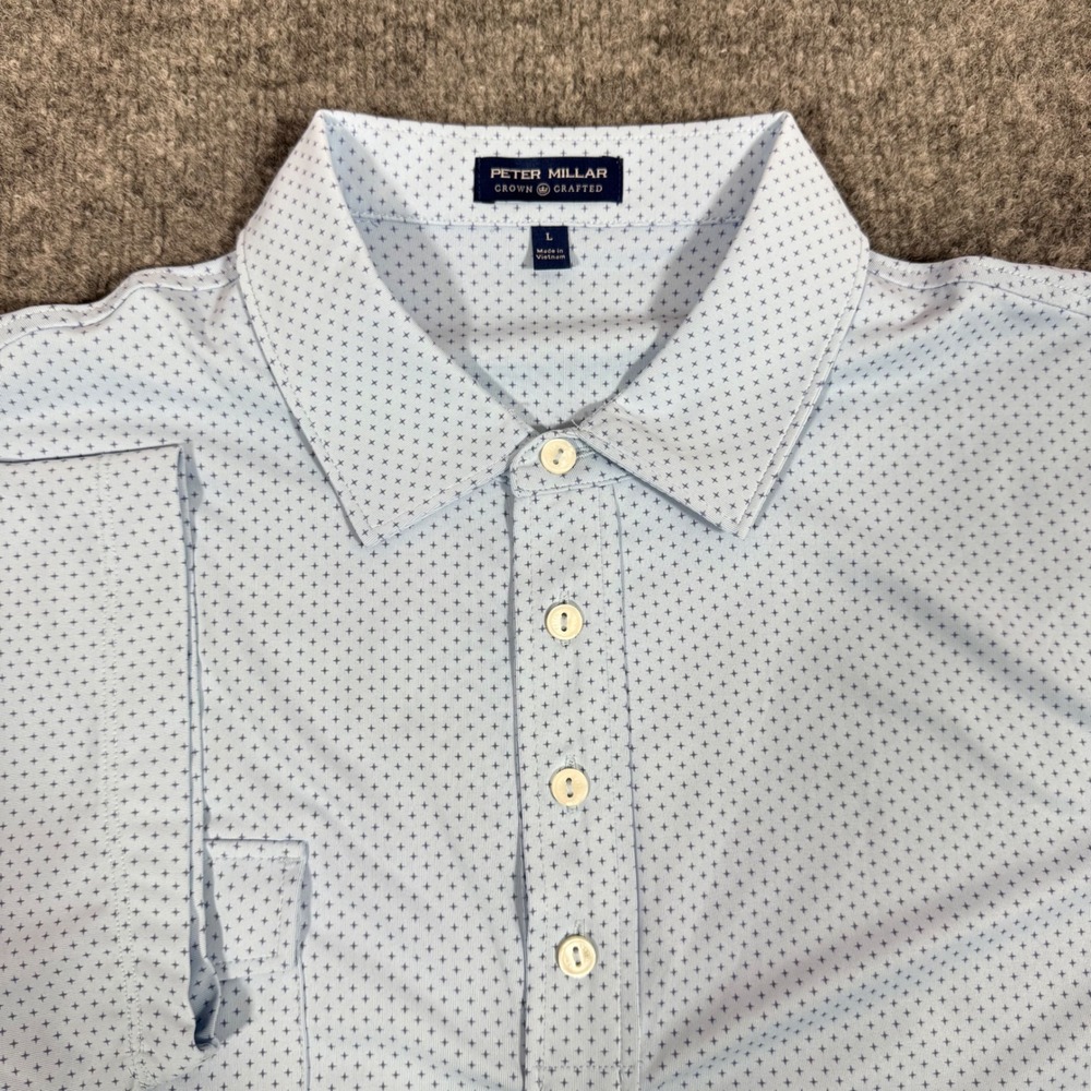 Peter Millar Crown Crafted Polo Shirt Mens Large L Blue Printed Performance EUC